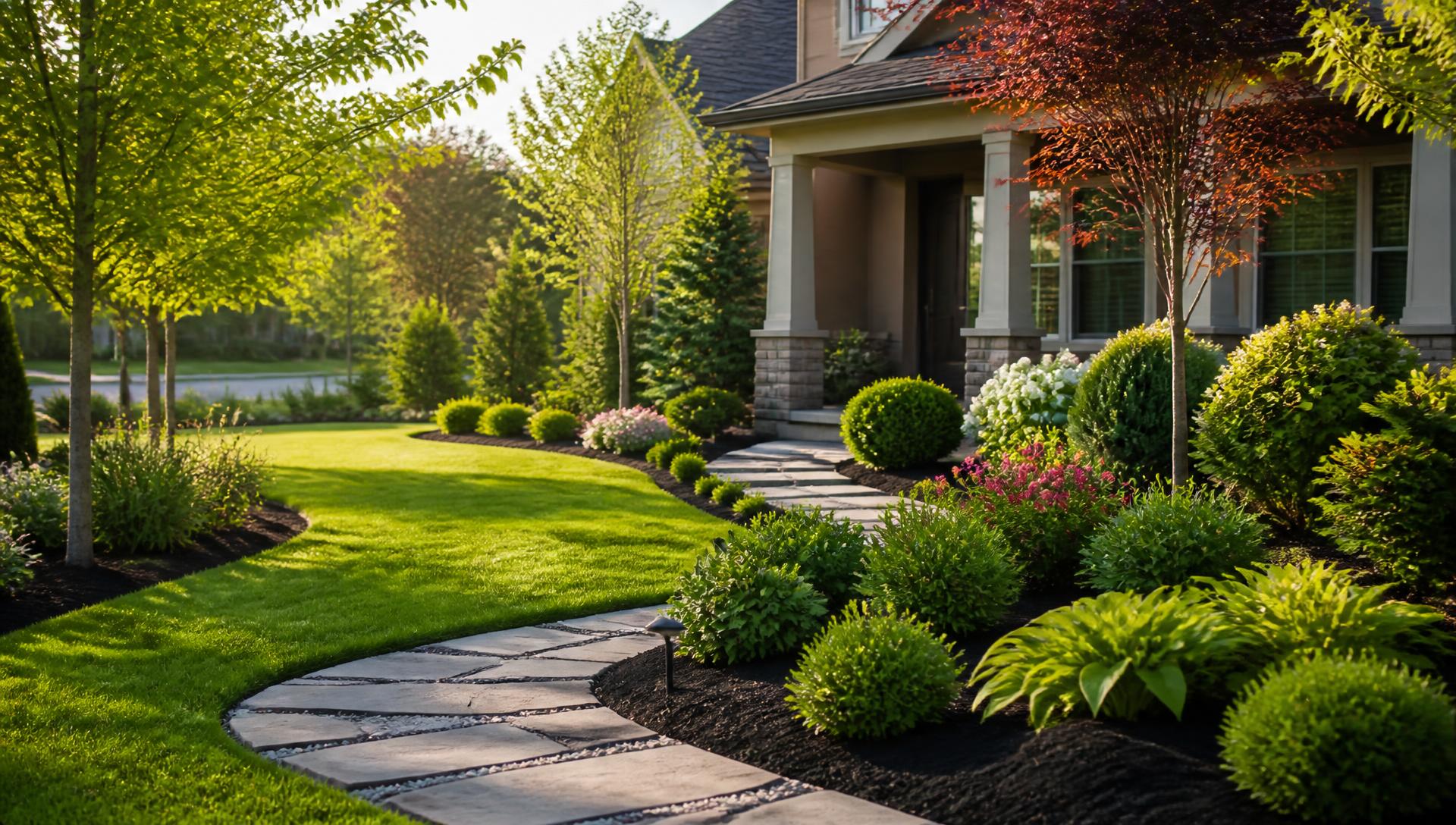 Beautifully landscaped home garden with lush green lawn and stone walkway